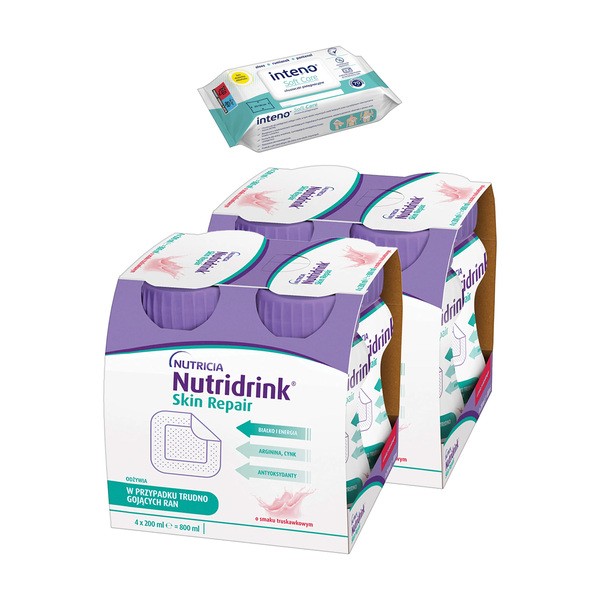 Zestaw 2x Nutridrink Skin Repair, smak truskawkowy, 4 x 200 ml + INTENO Soft Care, chusteczki pielęgnacyjne, 70 szt.
