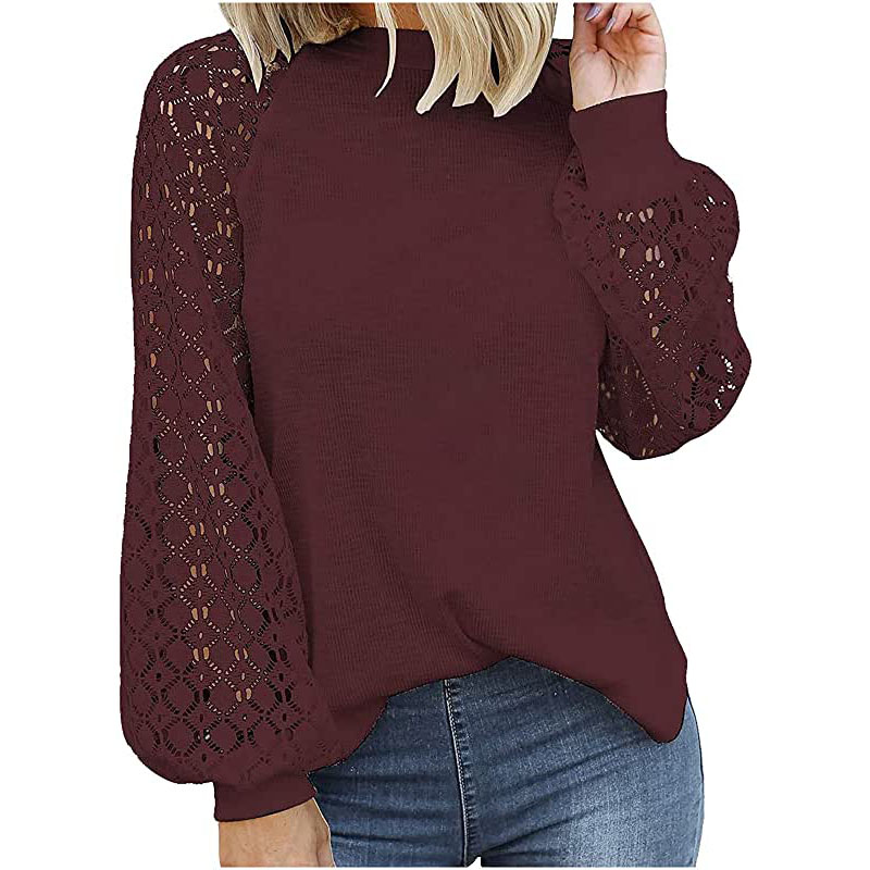 Śliczne koszule damskie z rękawami typu latarnia, ażurowy sweter, dzianinowy sweter waflowy, bluzka z koronkowymi przeszyciami, jesienne ubrania