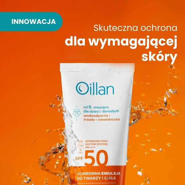 Oillan Sun, ochronna emulsja przeciwsłoneczna do twarzy i ciała SPF50 do skóry wrażliwej, 100 ml