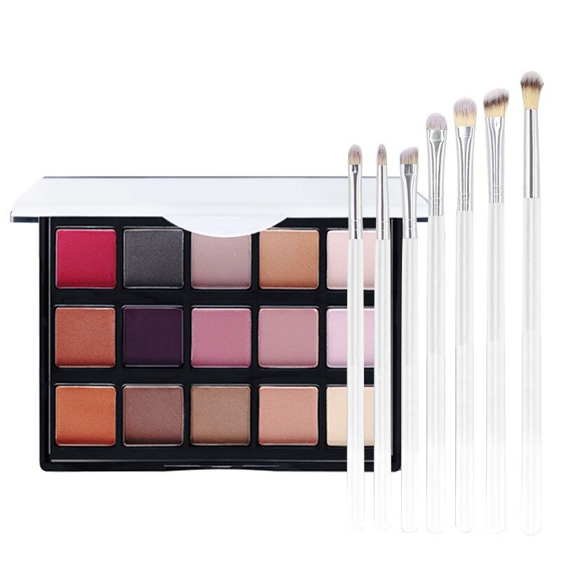15-kleuren Oogschaduwpalet + 7-delige Oogkwastenset – Hooggepigmenteerd Palet met Matte en Shimmer-tinten