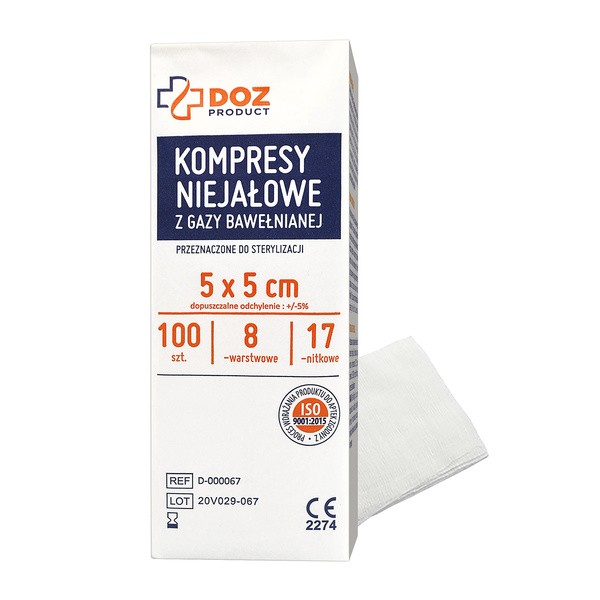DOZ PRODUCT, kompresy niejałowe z gazy bawełnianej, 17-nitkowe, 8-warstwowe, 5 cm x 5 cm, 100 szt.