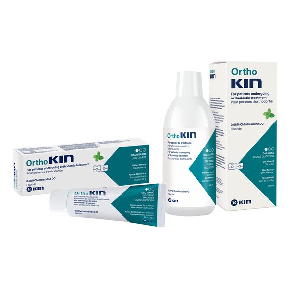 Zestaw OrthoKIN: płyn do płukania jamy ustnej, miętowy, 500 ml + pasta do zębów, miętowy, 75 ml