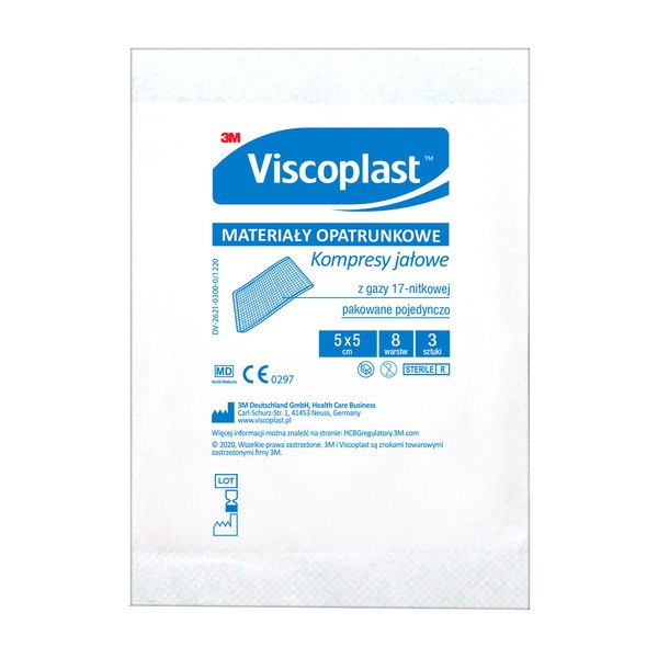 Viscoplast, jałowe kompresy gazowe z gazy bawełnianej, 17-nitkowe, 8 warstw, 5 cm x 5 cm, 3 szt.