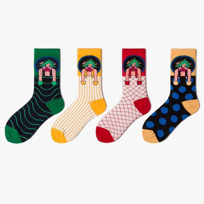 Cartoon Print Cotton Men Socks  Hip Hop Long Socks Men Unisex  Harajuku Stripe Dot Funny Socks Streetwear Calcetines Mujer