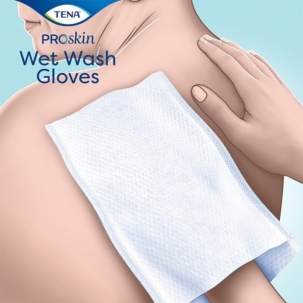 Tena ProSkin Wet Wash Gloves, wstępnie nawilżone rękawice do mycia, bezzapachowe, 8 szt.
