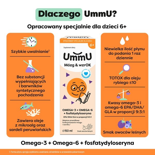 UmmU Mózg & wzrOK 6+, płyn, smak owoce leśne, 150 ml