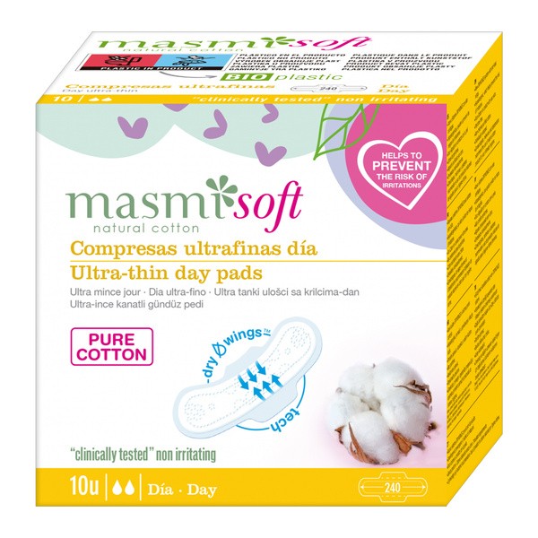 Masmi, ultracienkie bawełniane podpaski na dzień ze skrzydełkami, 10 szt.