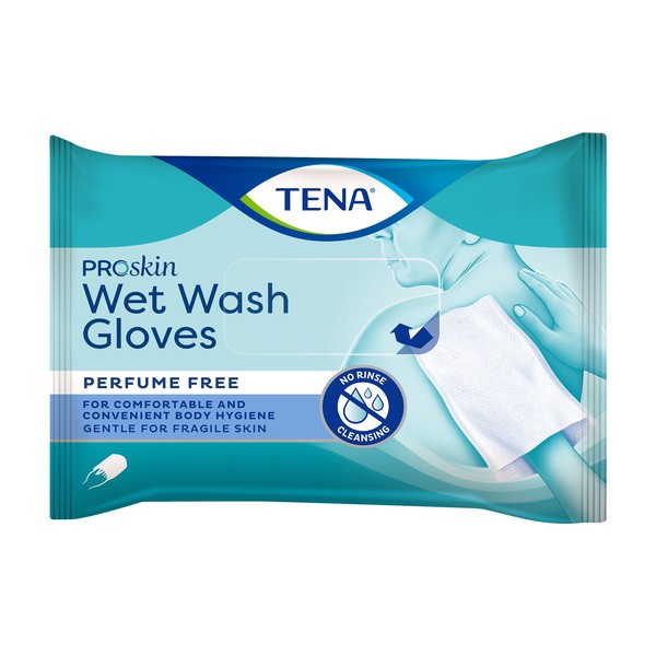 Tena ProSkin Wet Wash Gloves, wstępnie nawilżone rękawice do mycia, bezzapachowe, 8 szt.