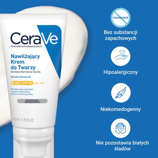 CeraVe, nawilżający krem do twarzy SPF 50, 52 ml