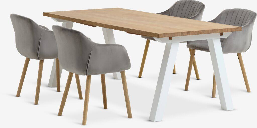 SKAGEN ADSLEV SKAGEN L200 bord hvid/eg 4 ADSLEV stol grå fløjl
