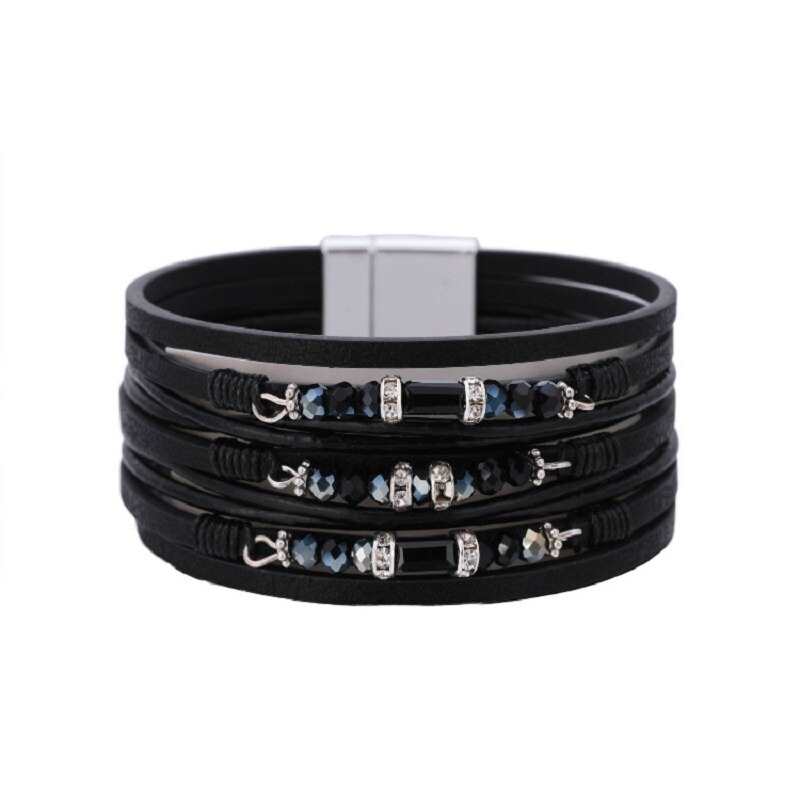 wielowarstwowa skorzana bransoletka czeska bransoletka z zapieciem magnetycznym krysztalowe koraliki Wrap mankietow bransoletki bizuteria dla kobiet