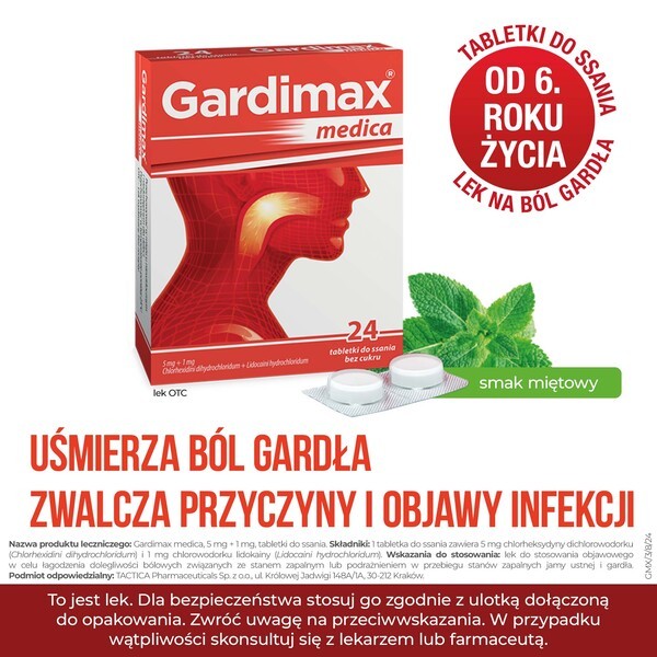 Gardimax medica, 5 mg + 1 mg, tabletki do ssania, 24 szt.