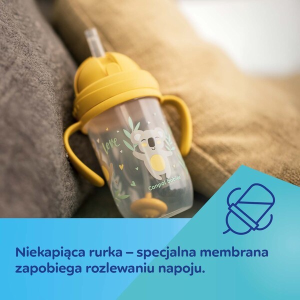 Canpol Babies, kubek niekapek z rurką i odważnikiem Exotic Animals, żółty, 270 ml, 1 szt.