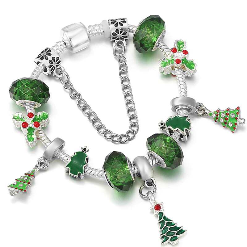 Luksusowy kolor srebrny zawieszka na choinke Charm bransoletka dla kobiet z zielone szklo koraliki bransoletki Xmas bizuteria Dropshipping
