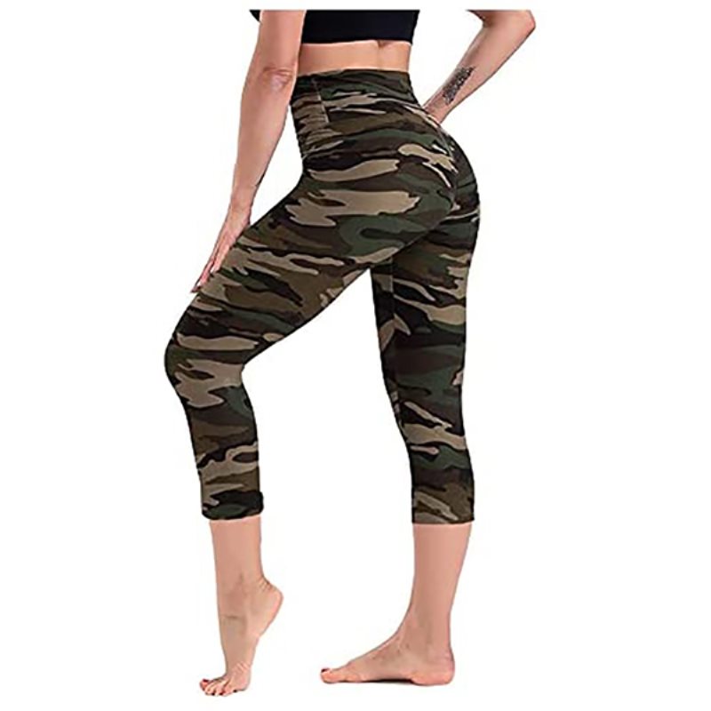 Smöriga mjuka Capri-leggings med tryck för kvinnor, svarta träningsbyxor med hög midja för kvinnor i damkläder