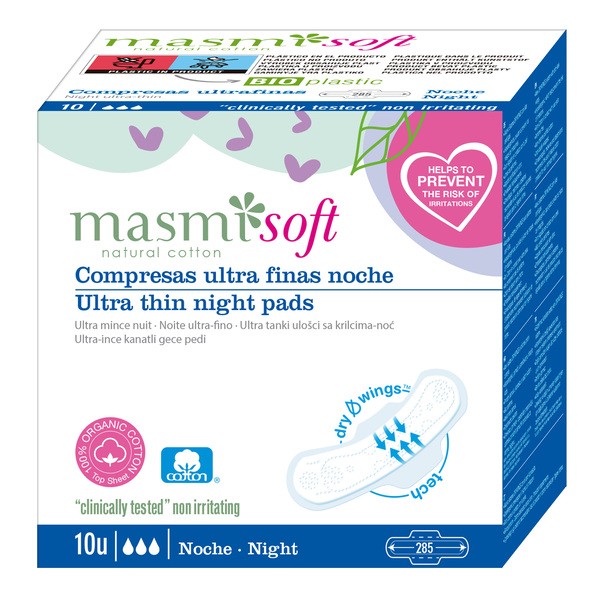 Masmi Soft, ultra cienkie bawełniane podpaski ze skrzydełkami na noc, 10 szt.