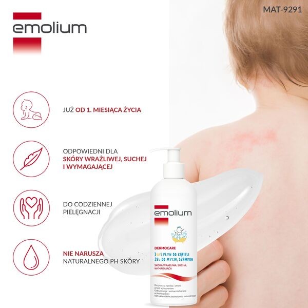 Emolium Dermocare, 3w1 płyn do kąpieli, żel do mycia, szampon, 400 ml