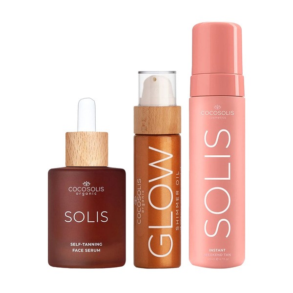 Zestaw Cocosolis, Solis, pianka brązująca o natychmiastowym efekcie, samoopalacz, 200 ml + Solis, samoopalające serum do twarzy, 50 ml + Glow, olejek nabłyszczający z drobinkami, 110 ml