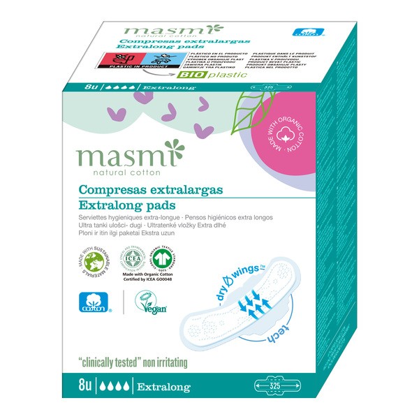 Masmi, Ekstradługie podpaski o zwiększonej chłonności, 100% bawełni organicznej, 8 szt.