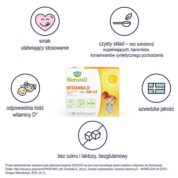 Naturell Witamina D dla dzieci, tabletki do rozgryzania i żucia, 60 szt.