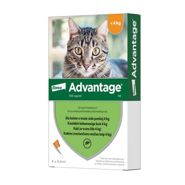 Advantage 40, 100 mg/ml, krople przeciw pchłom dla kotów poniżej 4 kg, 0,4 ml x 4 szt.