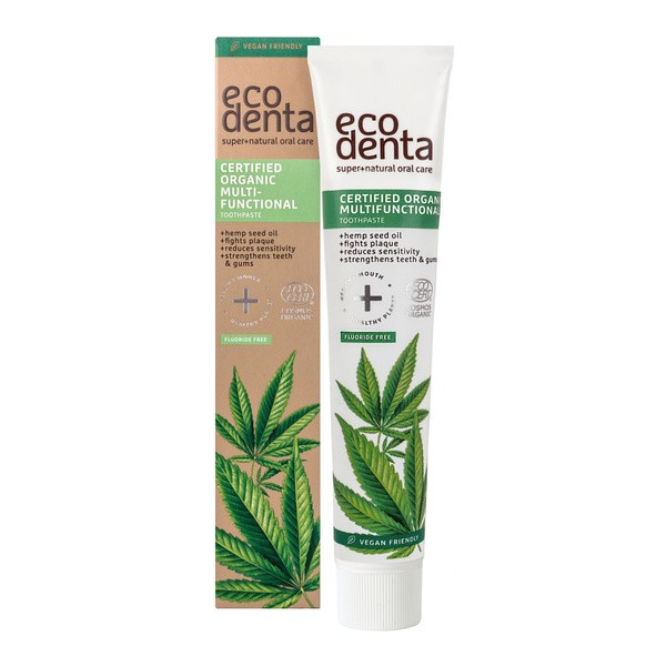 Ecodenta, organiczna wielofunkcyjna pasta do zębów z olejem z nasion konopi, bez fluoru, 75 ml