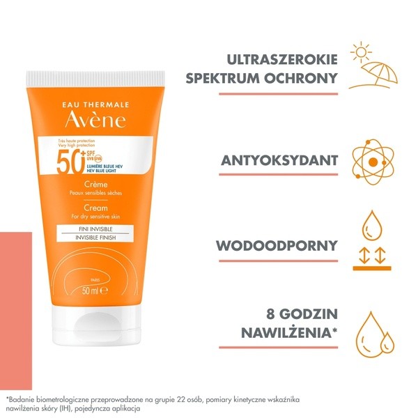 Avene Eau Thermale, krem z filtrem, skóra sucha i wrażliwa, SPF50 +, 50 ml
