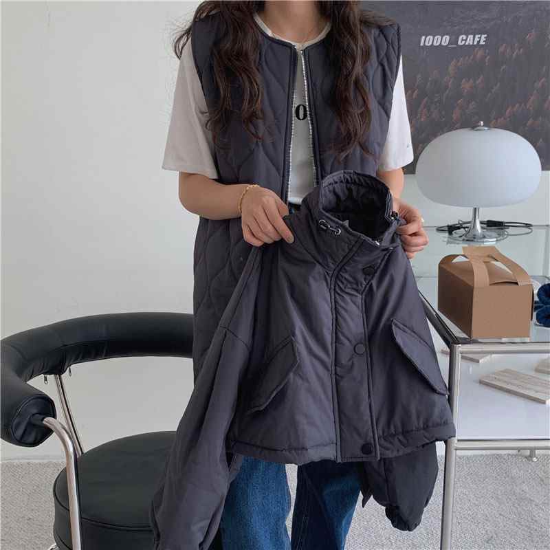 chic temperament stand up collar zipper loose cotton short coat + diamond check drawstring waist waist vest vest women
