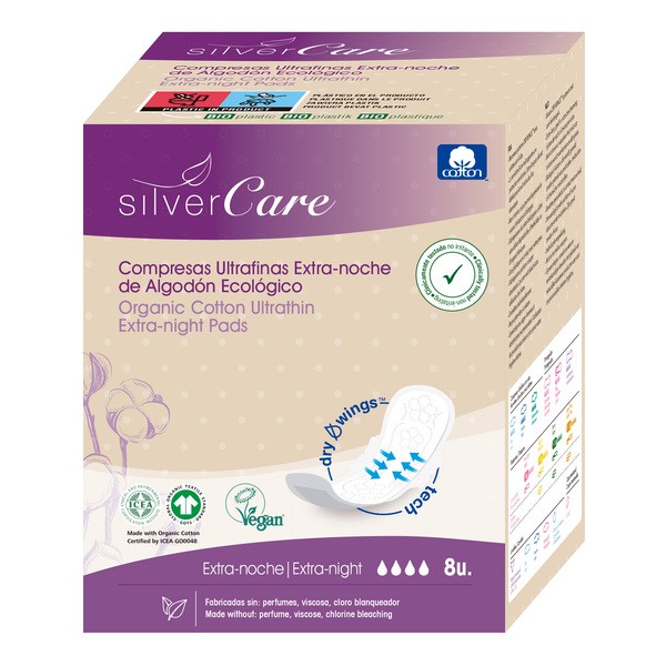 Silver Care, ekstradługie podpaski ekologiczne, na noc, 8 szt.