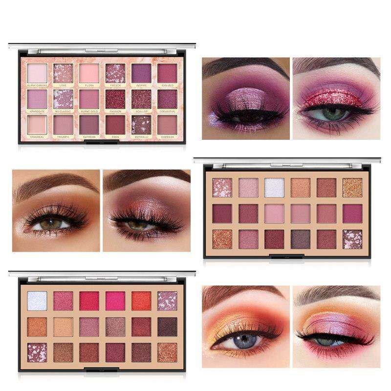 Paleta de 18 sombras de ojos: acabados mate y brillante, tonos cromáticos y nude, altamente pigmentadas y de larga duración
