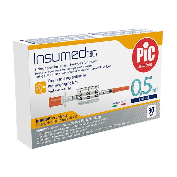 PiC Insumed, strzykawki insulinowe z powiększeniem 31G x 8 mm, 0,5 ml, 30 szt.
