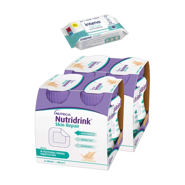 Zestaw 2x Nutridrink Skin Repair, smak waniliowy, 4 x 200 ml + INTENO Soft Care, chusteczki pielęgnacyjne, 70 szt.