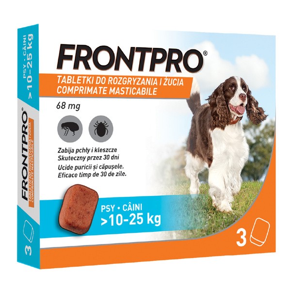 Frontpro L Pies 10-25 kg, ochrona przed pchłami i kleszczami, tabletki do rozgryzania i żucia, 3 szt.