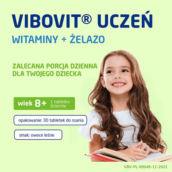Vibovit Uczeń, tabletki do ssania, smak owoce leśne, od 8 lat, 30 szt.