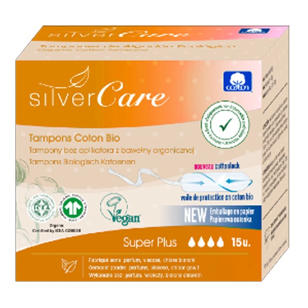 Silver Care, ekologiczne bawełniane tampony SuperPlus (bez aplikatora), 15 szt.