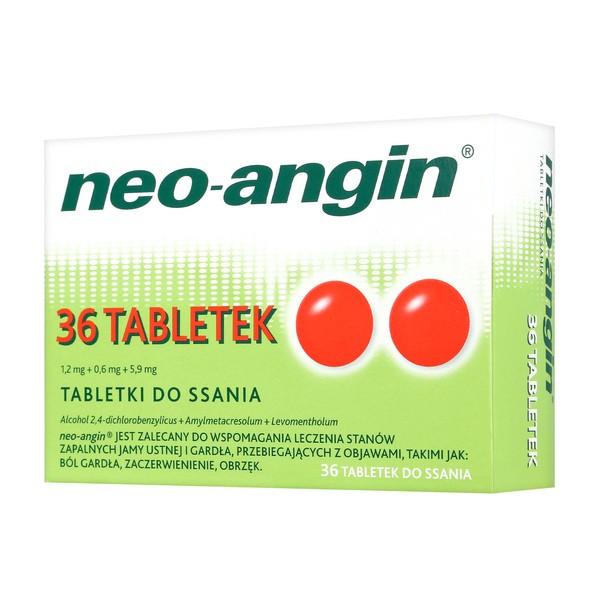 Neo-Angin, 1,2 mg+0,6 mg+5,9 mg, tabletki do ssania, 36 szt.