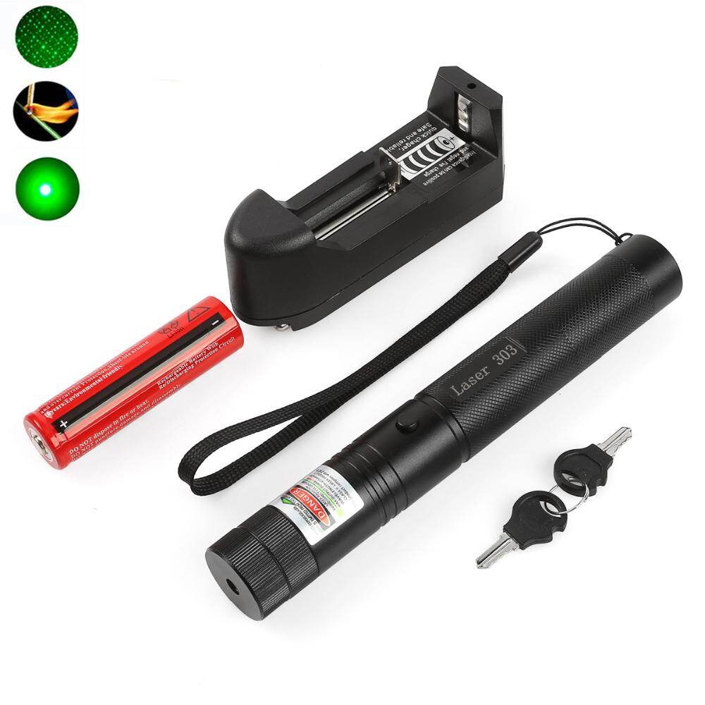 Caneta laser Green Pointer 532nm 500mW 303 de alta potência com ponta estrelada ajustável, ideal para acender fósforos. Inclui carregador e bateria.