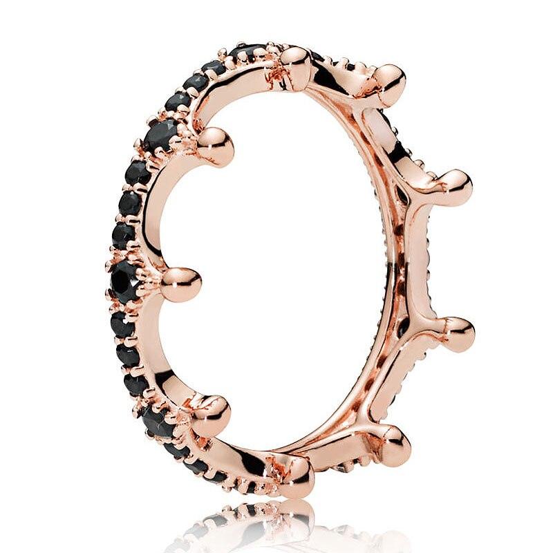 Hurtowy 30% srebrny pierścień platerowany różą, czarny, zaczarowany pierścień z kryształem korony dla kobiet, prezent na wesele, elegancka biżuteria DIY