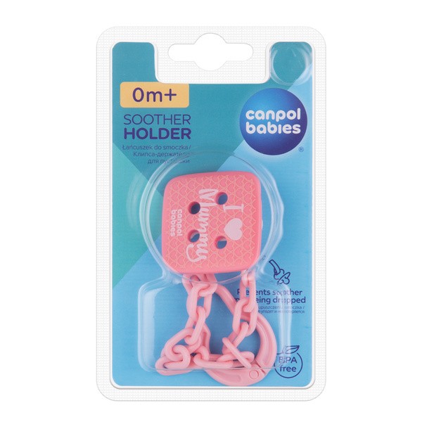 Canpol Babies, łańcuszek do smoczka uspokajającego I LOVE MUMMY, różowy, 1 szt.