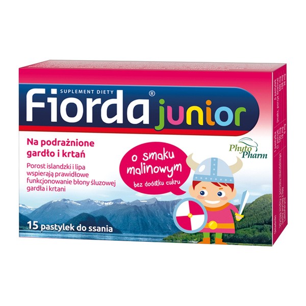 Fiorda Junior, pastylki do ssania o smaku malinowym, 15 szt.