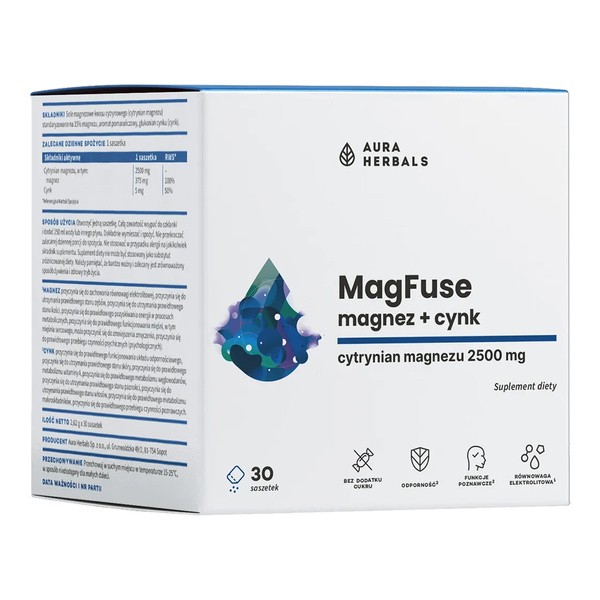 Aura Herbals MagFuse magnez + cynk, saszetki z proszkiem, 30 szt.
