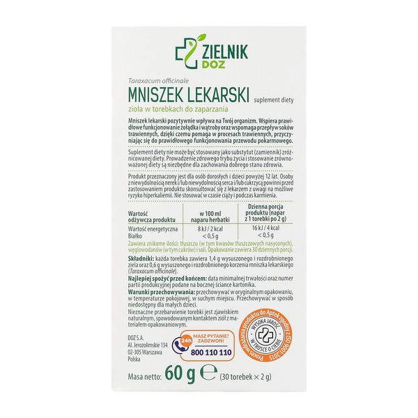 ZIELNIK DOZ Mniszek lekarski, zioła do zaparzania, 2 g, 30 saszetek