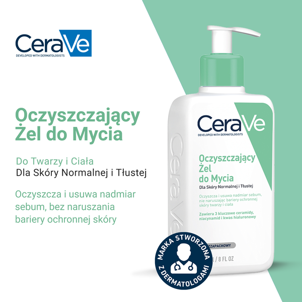 CeraVe, oczyszczający żel do mycia z ceramidami dla skóry normalnej i tłustej, 236 ml