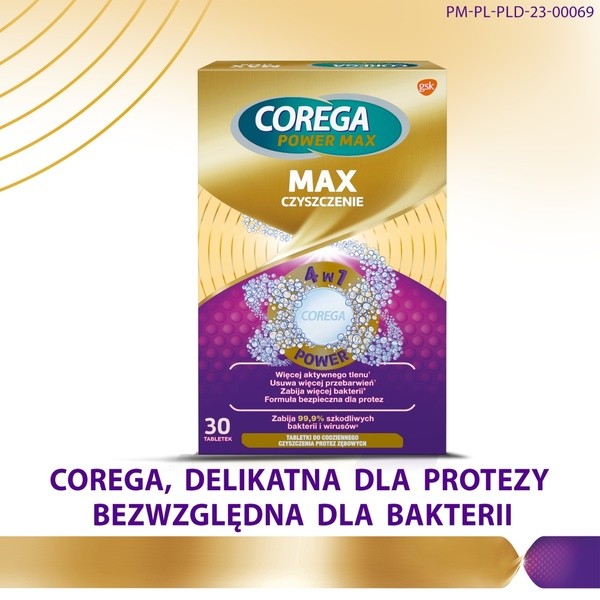 Corega Power Max Czyszczenie, tabletki przeciwbakteryjne do czyszczenia protez zębowych 4w1 z aktywnym tlenem, 30 szt.