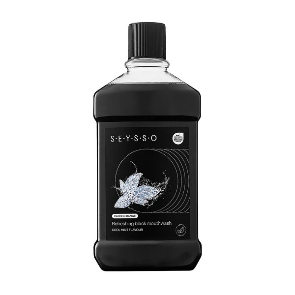 Zestaw Seysso Carbon Black, odświeżający płyn do płukania jamy ustnej z węglem aktywnym, 500 ml + wybielająca pasta do zębów z aktywnym węglem, 75 ml