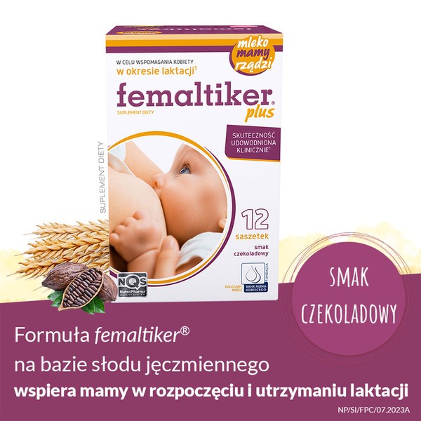 Femaltiker Plus, wsparcie laktacji, smak czekoladowy, proszek w saszetkach, 12 szt.