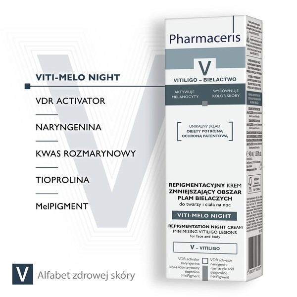 Pharmaceris V Viti-Melo Night, repigmentujący krem zmniejszający obszar plam bielaczych, do twarzy i ciała, 40 ml