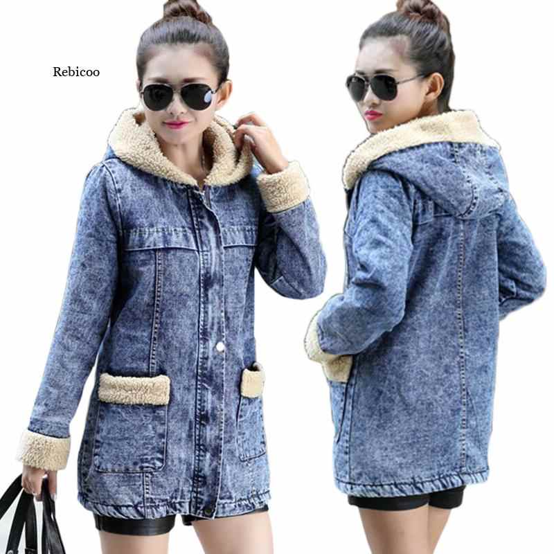 Warm winter Wool lining women Bomber denim jacket New style European Female Jeans Coat high quality jaqueta feminina