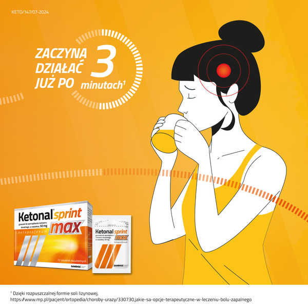 Ketonal Sprint Max, 50 mg, granulat do sporządzania roztworu doustnego, 12 saszetek