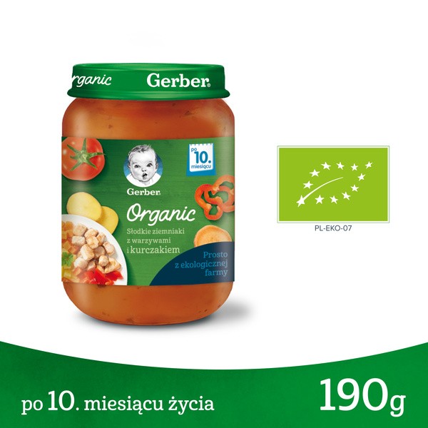 Gerber Organic, słodkie ziemniaki z warzywami i kurczakiem, 10 m+, 190 g